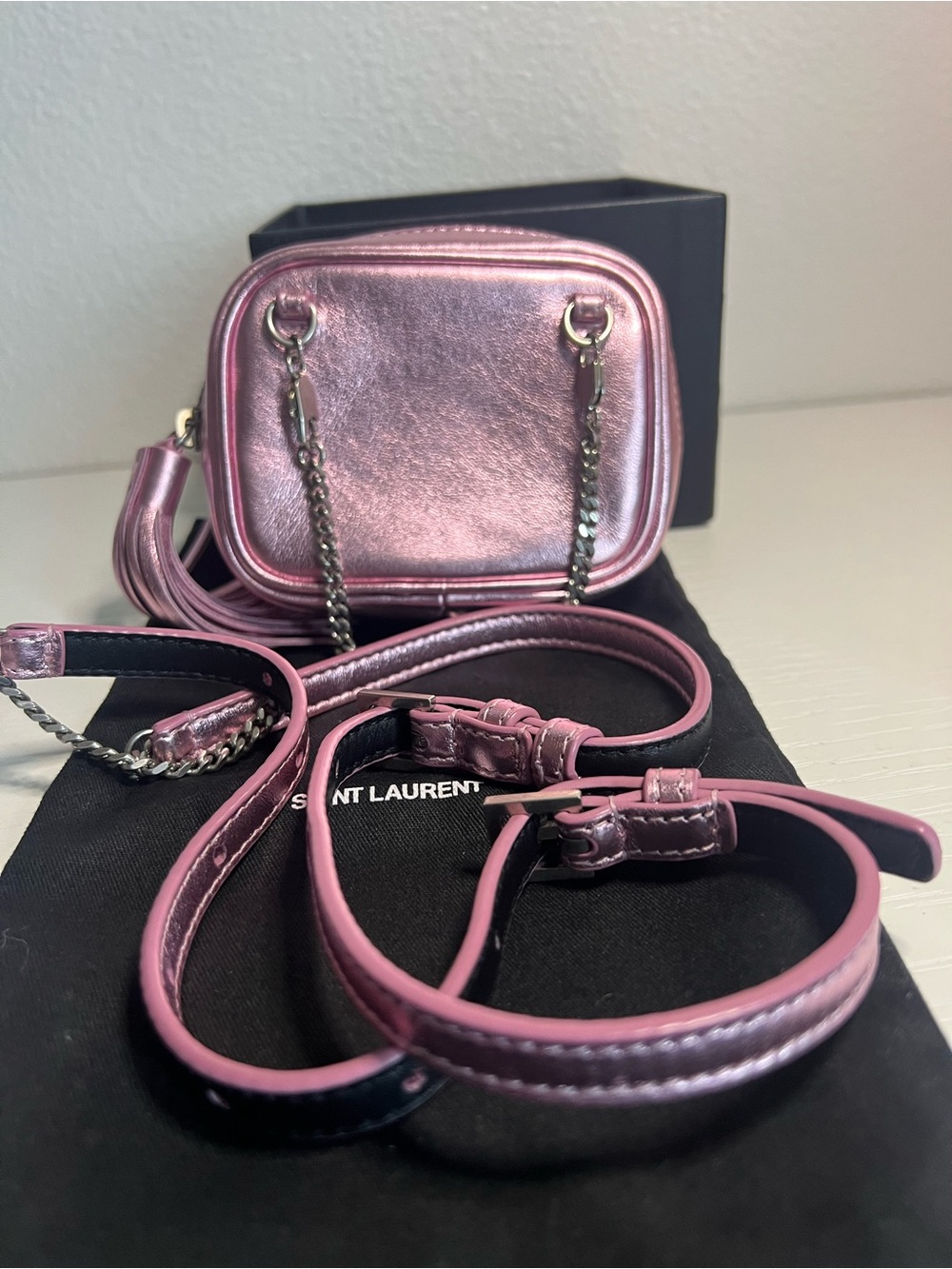 Saint Laurent Metallic Pink Quilted Lou Camera Bag with Tassel - Picture 16 of 16